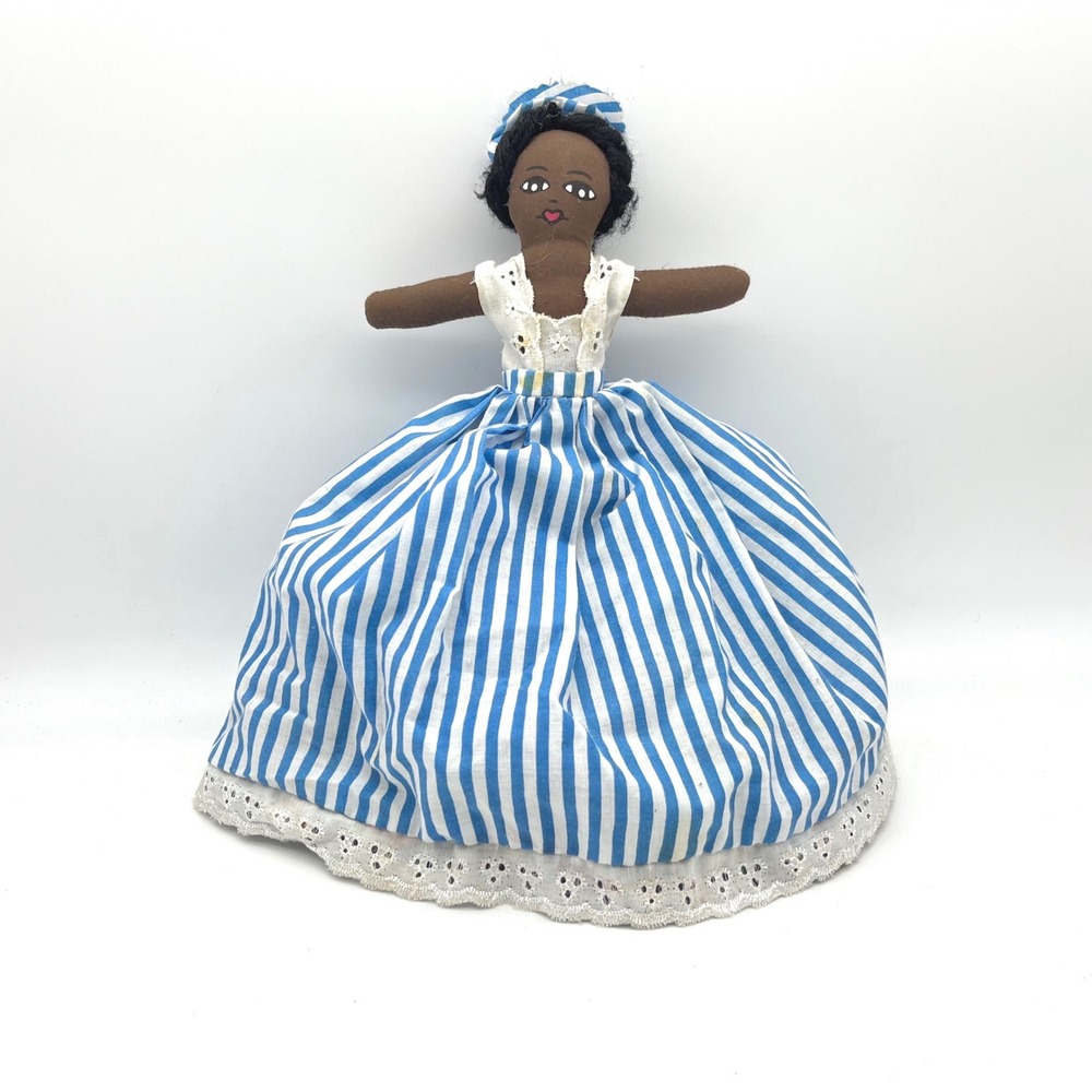 Vintage Caribbean Topsy Turvy Reversible Cloth Doll Blue Stripe Floral 10 Inch